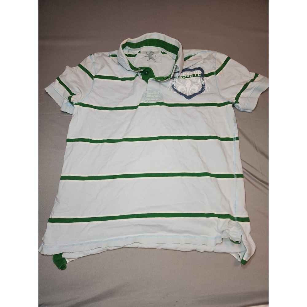 Express Mens Polo Shirt White Green Striped Resolve Graphic Short Sleeve